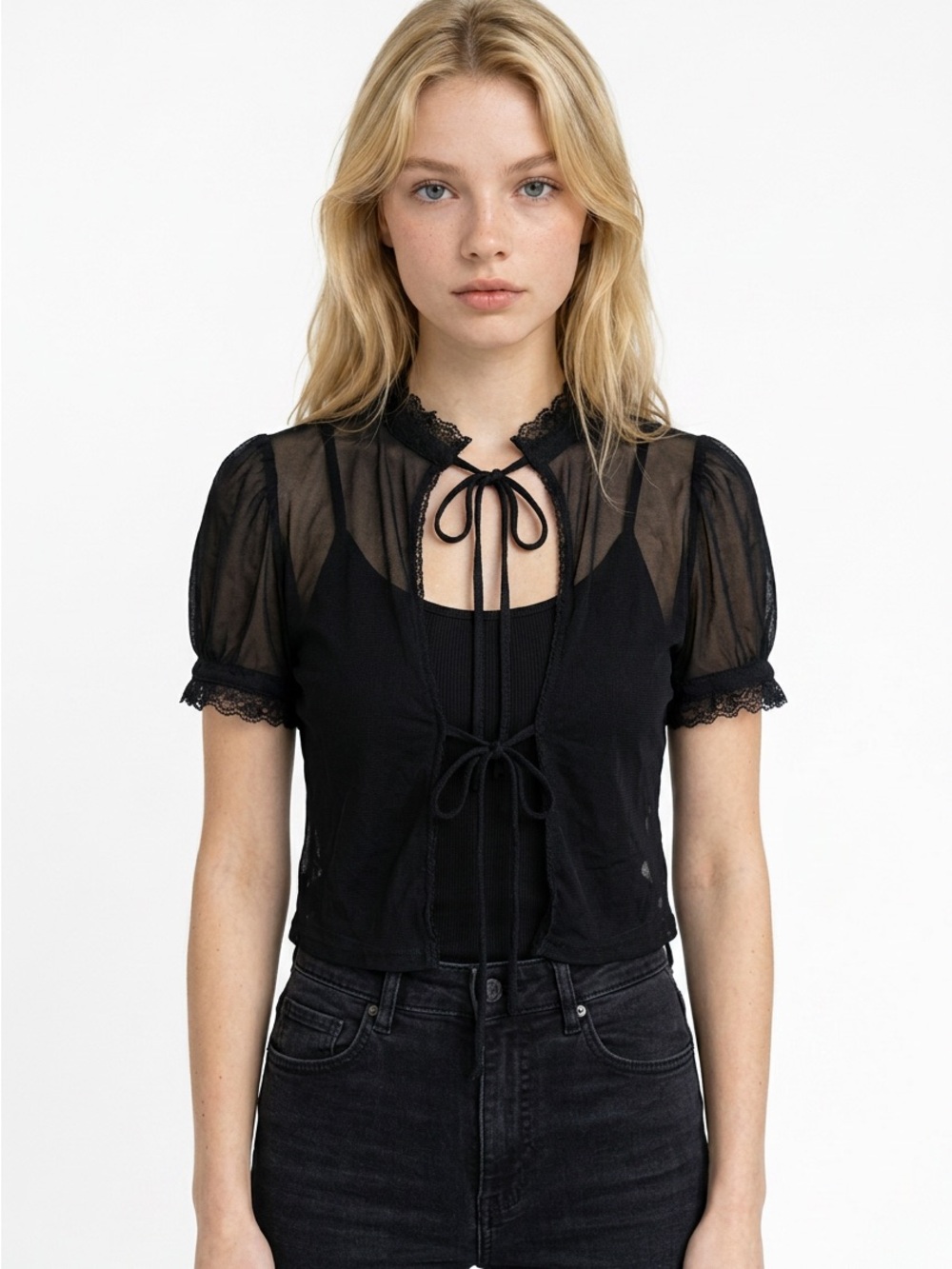 URBAN OUTFITTERS • Black Sheer Mesh Lace Tie Front Cropped Top Size XS